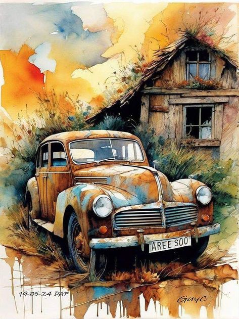 Cars Watercolor Painting, Countryside Art, Composition Painting, Pen And Wash, Automotive Artwork, Scenery Paintings, Water Colours, Fabric Collage, Hd Phone Wallpapers