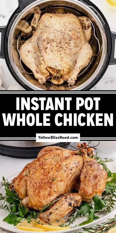 Cook a whole chicken in the Instant Pot for tender, flavorful rotisserie chicken in half the time! This Instant Pot Whole Chicken recipe has a simple spice blend and fresh aromatic vegetables and herbs. Instant Pot Roast Chicken, Chicken In Instant Pot, Rotisserie Chicken At Home, Pot Roast Chicken, Instant Pot Roast, Instant Pot Whole Chicken, Cook A Whole Chicken, Whole Turkey Recipes, Cooking Whole Chicken