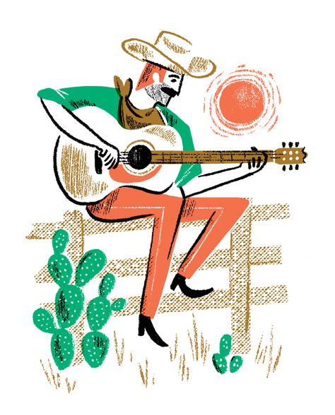 Cowboy-with-guitar Brad Woodard, Cowboy Illustration, Wilde Westen, Mid Century Illustration, Modern Western, Safari Jungle, Cowboy Art, Retro Illustration, Illustration Inspiration