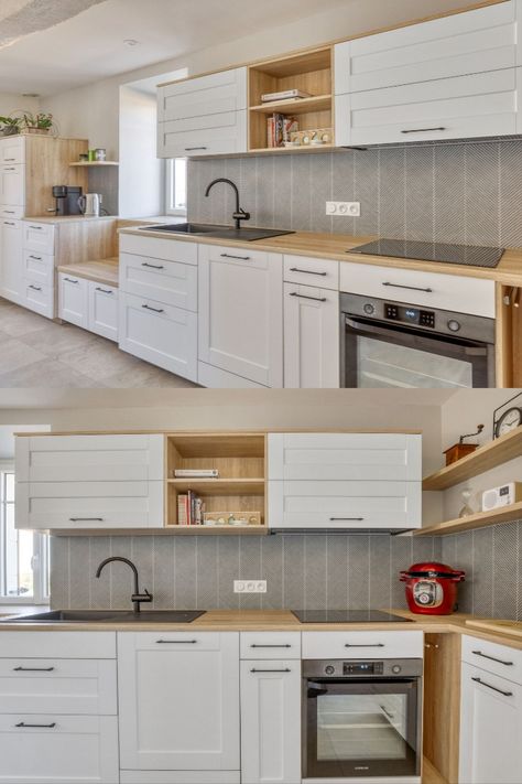 Check out this bright and open kitchen! The mix of white cabinets and natural wood accents creates a fresh and welcoming space. The herringbone backsplash adds a touch of elegance, and the black fixtures and modern appliances complete the look.  Sometimes a more simplistic design can be the perfect style to create a calming space for you to unwind at the end of the day!  #kitchendesign #homedesign #kitchen #interiors #simplehomeideas #scandihome Kitchen White And Wood, Natural Wood Accents, Black Fixtures, Scandi Kitchen, Nordic Kitchen, Herringbone Backsplash, Kitchen Interiors, Calming Spaces, Scandi Home