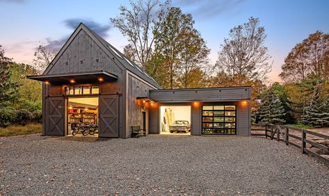 Workshop Exterior Design, Scandinavian Garage Design, Detached Shop Garage, Garage Shop Exterior, Rv Garage Storage Ideas, Shop Addition Ideas, Unique Garage Ideas, Black Detached Garage, Barndo Garage