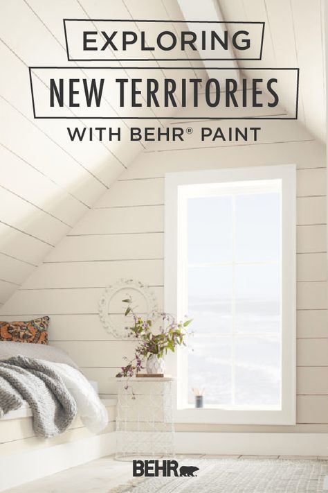 Turn a forgotten area of your home into the most beloved room in the house with BEHR® Paint. This attic went from a dusty storage area to a cozy hideaway. Use soft, neutral tones like Light Drizzle, Dusty Lilac, or Painter’s White to draw in natural light and make your small space feel bright and open. Click below to learn more. Behr Watery, Cozy Hideaway, Paint Snow, Adobe Homes, Winter Skies, Design Color Trends, Behr Colors, Rustic Bedroom Design, Color Of The Month