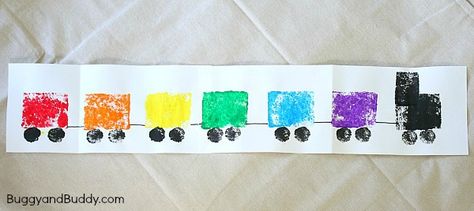 Preschool Art Project: Sponge Painted Train Craft for Kids based on Freight Train Train Crafts For Toddlers, Train Craft For Kindergarten, Train Crafts For Kids, Rectangle Train Craft, Pre K Train Craft, Train Art For Toddlers, Simple Train Painting, Trains Preschool, Train Crafts