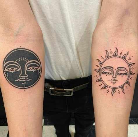 Sun And Moon Tattoo Mexican Sun Tattoo, Female Tattoo Placement, Sun And Moon Tattoos, Moon Sun Tattoo, Hippie Tattoo, Moon Tattoos, Moon Tattoo Designs, Sun Tattoos, Matching Tattoo