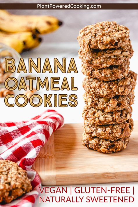 Stack of healthy cookies piled on small cutting board with text overlay that reads Banana Oatmeal Cookies Plant Based Breakfast Cookies, Plant Based Oatmeal Cookies, Plant Based Cookies Recipes, Wfpb Cookies, Superfood Cookies, Vegan Banana Cookies, Oatmeal Cookies With Chocolate Chips, Banana Oatmeal Cookies Healthy, Wfpb Vegan