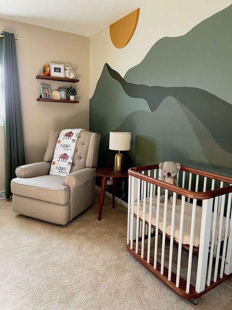 Pnw Nursery Theme, Indy Room, Camping Themed Nursery, Adventure Baby Room, Mountain Nursery Theme, National Park Nursery, Woodsy Nursery, Baby Nook, Nature Nursery