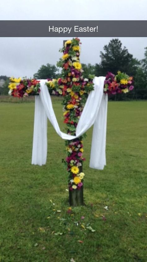 The cross all decorated after the Easter Sunrise Service Easter Sunrise, Easter Service, Flower Centerpiece, Easter Cross, Worship Music, Church Ideas, Lord And Savior, Flower Centerpieces, The Cross