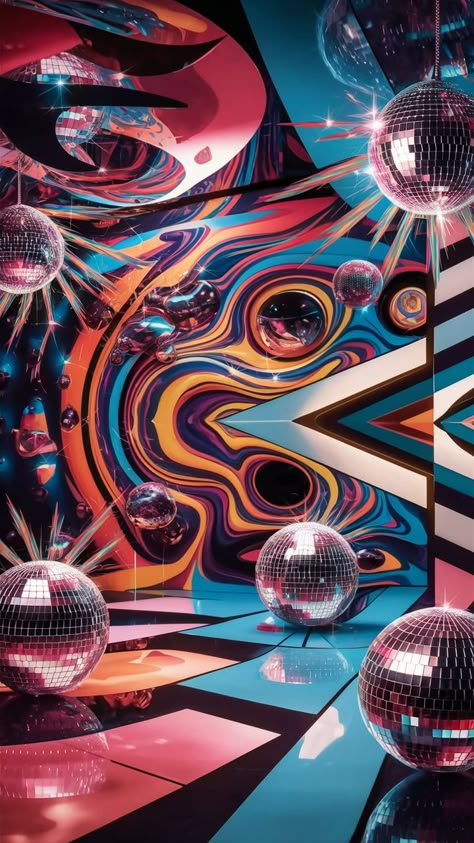 Immerse yourself in a lively disco scene with our vibrant wallpaper. Featuring psychedelic swirls, geometric Bauhaus shapes, and dazzling disco balls, this design radiates energy and movement. A kaleidoscope of bold colors and reflections creates an atmosphere of joy and celebration, perfect for any space. Ideal for dance enthusiasts and retro lovers. Keywords: disco wallpaper, psychedelic art, vibrant decor, colorful design. Disco Wallpaper Aesthetic, Disco Ball Wallpaper, Kaleidoscope Aesthetic, Colorful Disco Ball, Bauhaus Shapes, Disco Dance Floor, Disco Wallpaper, Disco Floor, Aesthetic Finds