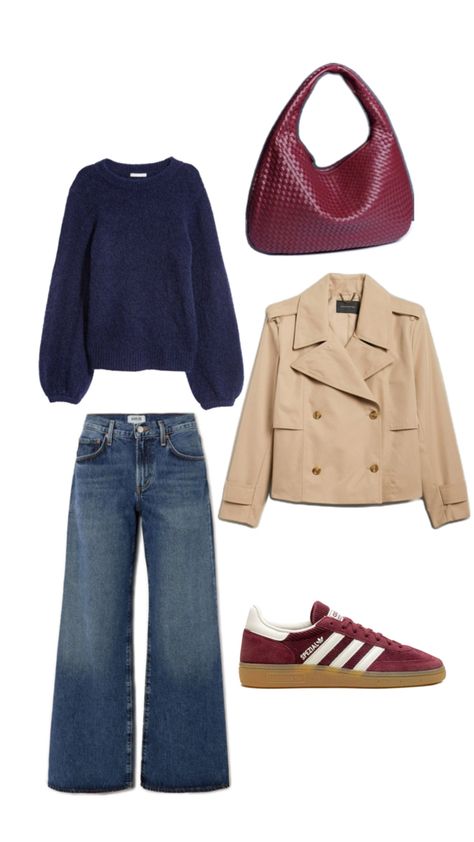 Navy blue sweater, blue jeans, burgundy hobo bag, red fall sneakers, short trenchcoat. Burgundy Sneakers Outfit, Navy Blue Sweater Outfit, Burgundy Sweater Outfit, Short Trenchcoat, Copenhagen Style Fall, Blue Sweater Outfit, Navy Blue Outfit, Maroon Outfit, Burgundy Sneakers