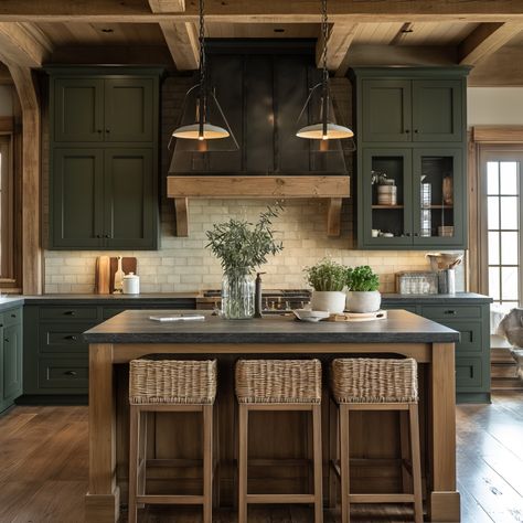 35 Stunning Green Kitchen Design Ideas to Inspire You Green White And Oak Kitchen, Modern Rustic Green Kitchen, Green Cabinets With Wood Island, Kitchen Green Cabinets White Countertops, Dark Kitchen Granite Countertops, Brown And Green Kitchen Ideas, Walnut Cabinets Green Backsplash, Green Kitchen Wood Island, Green And Light Wood Kitchen