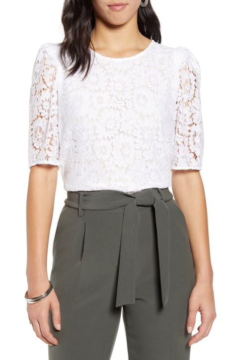 Blouse | Nordstrom Lace Charms, White Puff Sleeve Top, Lace Top White, Lace Trim Blouse, Feminine Blouses, Sleeves Style, Balloon Sleeve Blouse, Blouse Nordstrom, White Lace Top