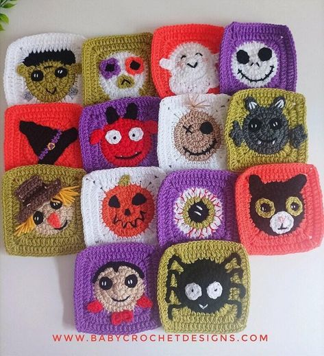 Spooky Granny Squares Crochet pattern by BabyCrochetDesigns | LoveCrafts Fun Granny Squares, Halloween Granny Square, Granny Squares Crochet Pattern, Squares Crochet Pattern, Sugar Skull Pumpkin, Granny Squares Crochet, Granny Square Häkelanleitung, Monster Wreath, Crochet Pour Halloween