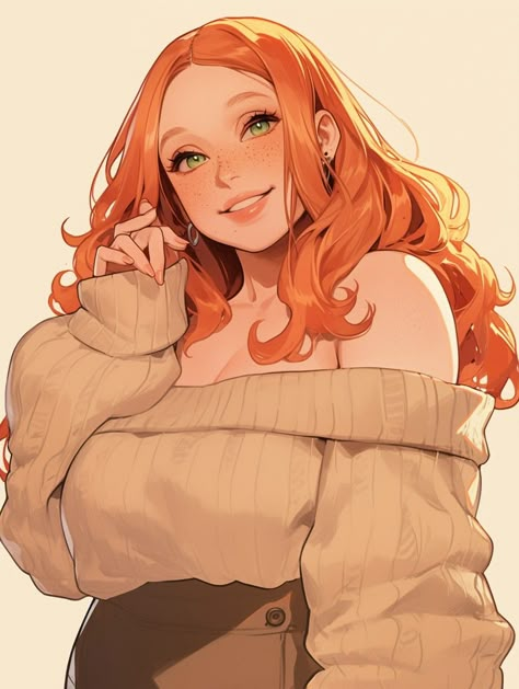 Pear Shaped Character Design, Older Woman Art Character Design, Plus Size Red Head, Red Hair Female Character, Red Head Oc, Curvy Oc Art, Chubby Girl Art, Chubby Oc Art, Chubby Female Character Art