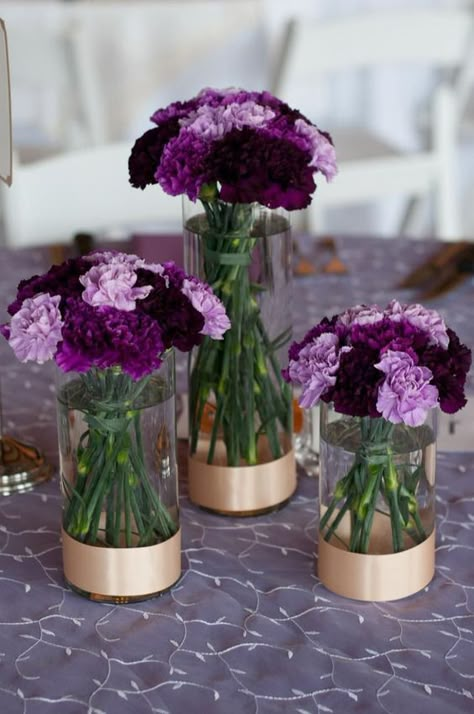 Some of the Best Carnation Flower Arrangement Ideas | Whole Blossoms Plum Wedding Colors, Purple Wedding Centerpieces, Purple Carnations, Plum Wedding, Weddings Outdoor, Bridal Shower Centerpieces, Unique Wedding Flowers, Purple Wedding Flowers, Wedding Floral Centerpieces