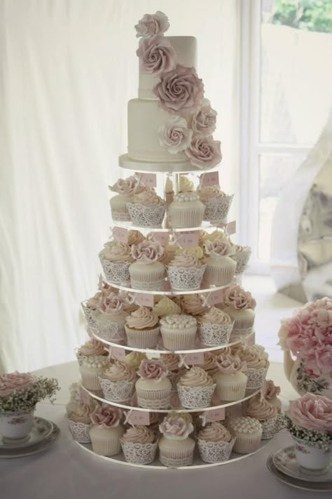 Wedding Cake With Cupcake Tiers, Mini Wedding Cake Cupcakes, Cupcake Wedding Cake Elegant, Wedding Cupcake Cake Ideas, Cupcake Tier Wedding Cake, Wedding Cake Designs With Cupcakes, Wedding Cake Cupcake Tower, Quinceañera Cupcakes, Elegant Cupcake Display