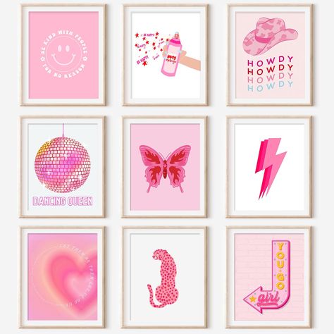 Paintings Cute, Hot Pink Wall Art, Preppy Wall Collage, Hot Pink Walls, Danish Pastel Room, Pastel Room Decor, Outdoor Entryway, Pastel Poster, Room Decor Aesthetic