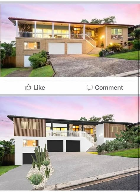 Beach House Before And After Exterior, Australian Brick House Exterior Makeover, Stucco Exterior Makeover, Exterior Renovation Before And After, 70s House Exterior, Brick House Exterior Makeover, Exterior House Renovation, Front Porch Makeover, Painted Brick House