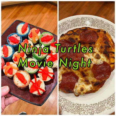 Ninja Turtle Dinner And Movie, Ninja Turtle Movie Night, Fun Movie Snacks, Ninja Turtle Snacks, Disney Movie Themed Dinner, Themed Snacks, Movie Night Dinner, Movie Night For Kids, Teenage Mutant Ninja Turtles Movie