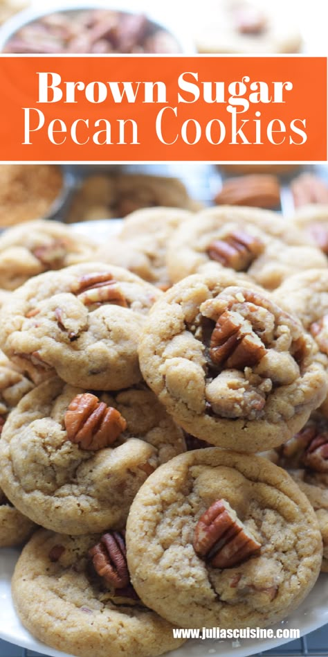 Brown Sugar Pecan Cookies Pecan Brown Sugar Cookies, Brown Sugar Pecan Cookies, Caramel Pecan Cookies, Cookies With Pecans, Crumble Cookie Recipe, Pecan Pie Cookies, Pecan Desserts, Chocolate Chip Pecan Cookies, Crumble Cookie