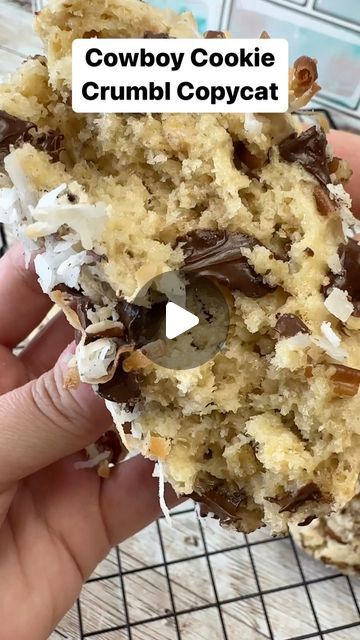 Deedee🍪 on Instagram: "COWBOY COOKIES Crumbl copycat of the week!  Make sure to SAVE this post so you can make it later. Super quick and easy, this cookie is loaded.   Here’s how I made it: 1 box white cake mix 1 stick butter  1/4 c oil 1 egg  1/2 c brown sugar  2 c oats 1/2 c shredded coconut 1/2 c chopped pecans  1 c chocolate chips   Bear together butter, oil, egg, and cake mix until combined. Add all other ingredients and stir until combined. Preheat oven to 350 and line a cookie sheet with parchment paper. Bake for 10-12 minutes, just until the edges are set, they will continue cooking on the trays when you pull them out.   That’s it!!! Super easy Crumbl cookie right at home. Stay tuned in my stories tomorrow to vote on which Crumbl cookie we’re gonna make next week! Also if you have Crumbl Cowboy Cookies Recipe, Crumble Cowboy Cookie Copycat Recipe, Cookies Crumbl Copycat, How To Make Crumble, Cookies Crumbl, Crumbl Copycat, Cowboy Cookie, Cowboy Cookie Recipe, Crumbl Cookies