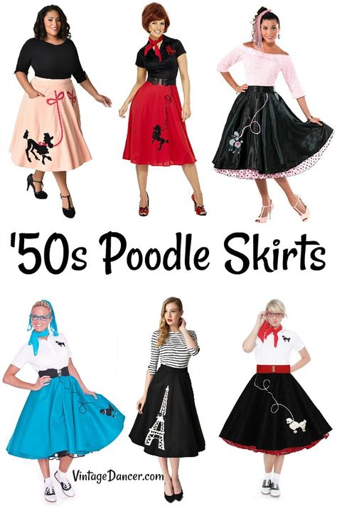 '50s poodle skirts and poodle skirt costumes at #vintagedancer Poodle Skirt Halloween Costume, Poodle Skirt 50s, Sock Hop Outfits, 1950s Poodle Skirt, Nerd Costumes, Hippie Fashion 70s, Poodle Skirt Costume, Poodle Skirt Outfit, Poodle Skirts