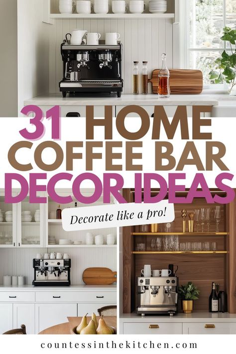 Home coffee bar decor Mini Bar Area In Home, Coffee Bar Shelves, Cozy Coffee Bar, Coffee Bar Setup, Espresso Station, Coffee Bar Hutch, Home Coffee Bar Ideas, Bar Decor Ideas, French Inspired Home