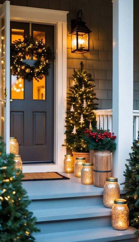 26 Simple and Cozy Ways to Decorate Your Small Porch for Christmas - Dormouse Life Small Porch Decor, Christmas Patio Decorating Ideas, Winter Front Porch, Small Porch, Mason Jar Lanterns, Wooden Reindeer, Jar Lanterns, Small Porches, Mini Christmas Tree