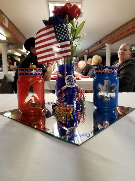 Fire Department Centerpiece Ideas, Fire Department Centerpieces, Fire Hydrant Centerpiece, Diy Fire Hydrant Centerpieces, Fire Department Banquet Decorations, Fire Department Community Event, Fire Department Banquet Centerpieces, Fire Department Dinner Centerpieces, Fire Department Banquet