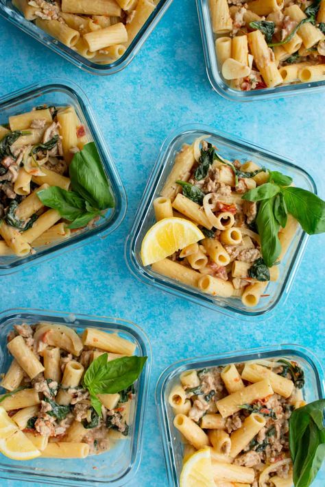 Creamy Tuscan Inspired Rigatoni with Pork Mince Creamy Rigatoni, Lemon Protein, Pork Pasta, Italian Sausage Pasta, Healthy Budget, Freezer Friendly Meals, Minced Pork, Creamy Pasta Recipes, Sauce Pasta