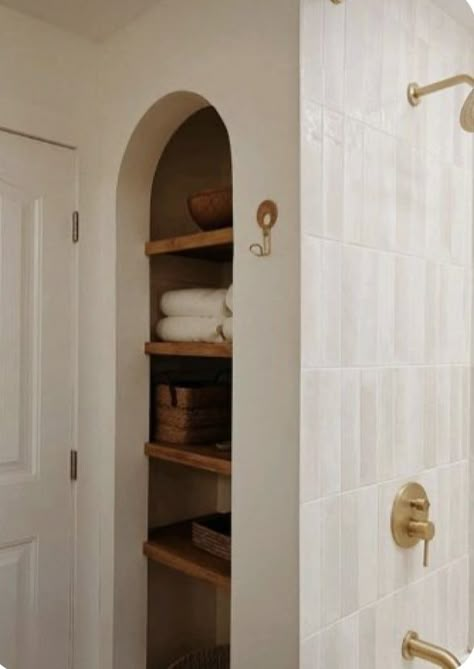 Arched Opening Bathroom, Linen Closet Next To Bathtub, Arch Tile Bathroom, Linen Closet Next To Tub, Arch Closet Doorway, Linen Closet To Open Shelves, European Bathroom Tile, Scandinavian Bathroom With Bathtub, Arched Shower Opening Small Bathroom