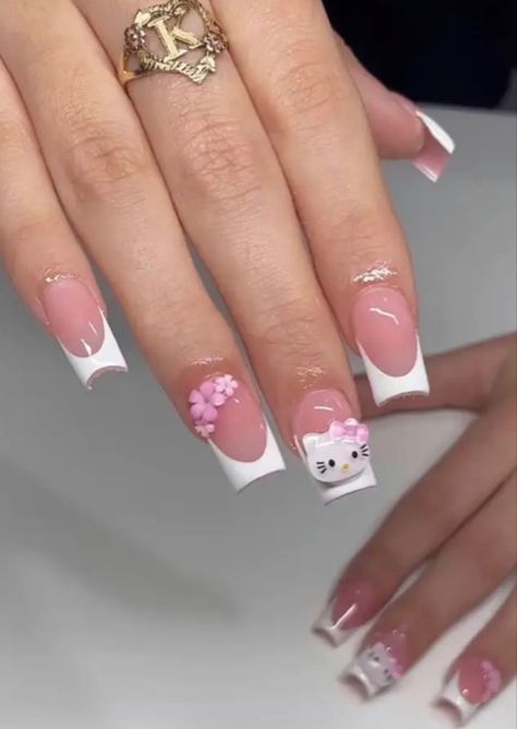 Nails Hello Kitty, Neutral Nails Acrylic, Hello Kitty Nail, Kitty Nail, Gel Nail Set, Square Nail Designs, Girly Acrylic Nails, Hello Kitty Nails, French Acrylic Nails