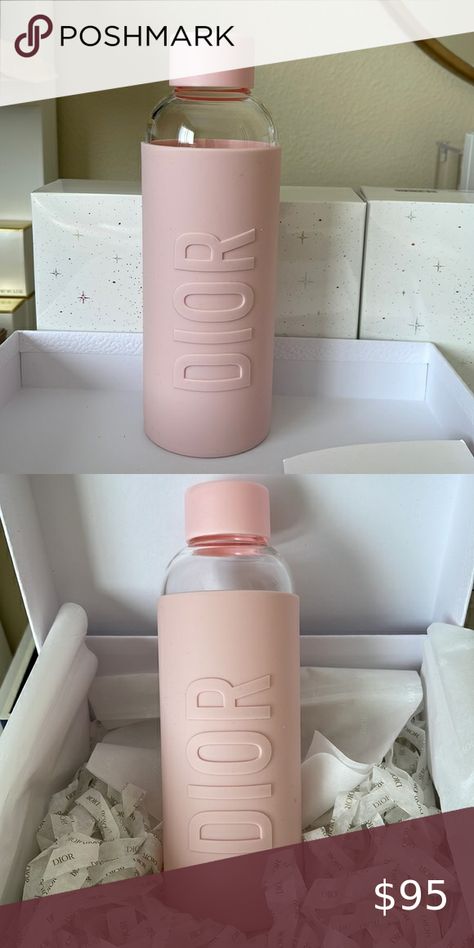 Dior glass bottle water with pink silicone sleeve Dior Water Bottle, Preppy Chic Outfits, Bottle Water, Dior Accessories, Preppy Chic, Miss Dior, Soft Girl, Glass Bottle, Makeup Products