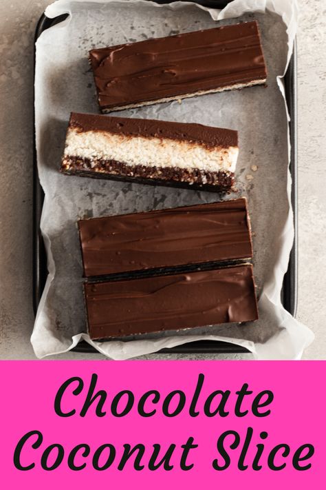 Four pieces of Chocolate Coconut Slice artfully placed in a baking pan with some baking paper. Text reads: Chocolate Coconut Slice. Vegan Coconut Bars, Bounty Slice, Vegan Slice, Chocolate Coconut Slice, Vegan Dessert Bars, Inflammation Diet Recipes, Foods Ideas, Coconut Slice, Inflammation Diet