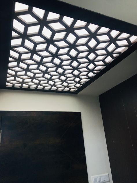 Cnc Design For Ceiling, Sky Light Grill Design, Ots Grill Designs, Skylight Grill Design, Ots Design In House, Sky Lights In Living Room, Sunroof House, Mdf Ceiling, Modern Fireplace Ideas Living Rooms