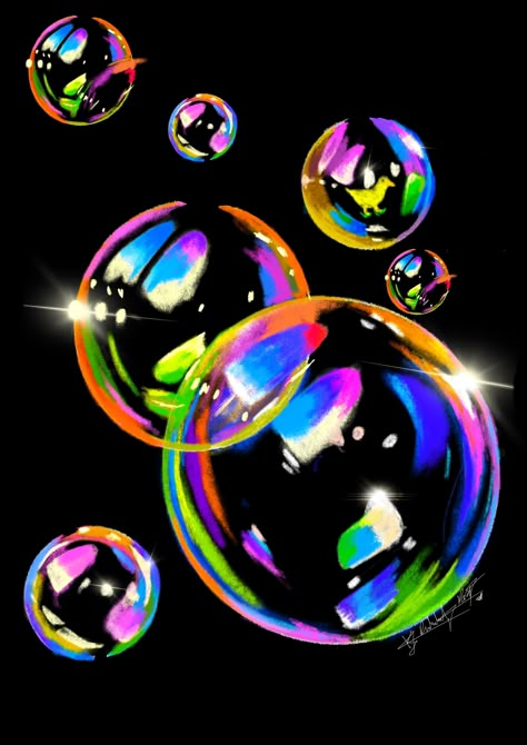 Cartoon Bubbles Art, Bubblegrunge Aesthetic, Bubbles On Black Paper, Watercolour Bubbles, Bubble Reflection, Neon Bubbles, Painting Bubbles, Pastel Bubbles, Bubbles Painting