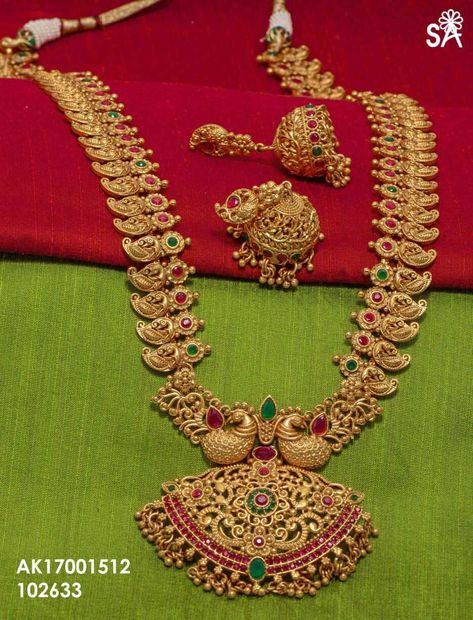 Long Mango Haram | online 1 gram jewellery Mango Mala Jewellery, Mango Haram, Haram Designs, 1 Gram Gold Jewellery, Long Haram, Mala Jewelry, Gold Jewelry Simple Necklace, Gold Necklace Indian Bridal Jewelry, Bridal Jewelry Collection