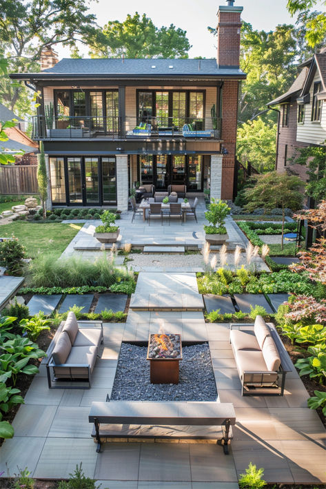 An aerial view of a well-designed backyard featuring a central fire pit, modern outdoor seating, a dining area, and lush greenery with a variety of plants and trees. Large Backyard Oasis Ideas, Large Flat Backyard Ideas, Garden Layout With Fire Pit, Luxury Vegetable Garden Design, Large Backyard Ideas Layout Landscape Design, Backyard With Large Trees, Aesthetic Big Backyard, Huge Backyard Ideas, Patio Designs And Ideas Layout