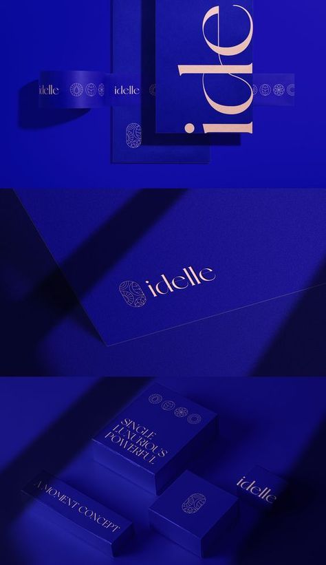 Blue Identity Design, Dark Blue Brand Identity, Luxury Blue Branding, Blue And Beige Branding, Luxury Visual Identity, Dark Blue Packaging, Bold Luxury Branding, Modern Luxury Branding, Luxury Graphic Design Branding