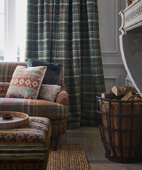 Colefax and Fowler Belvedere Fabric Collection | McKenzie & Willis Tartan Curtains, Colefax Fowler, Colefax And Fowler, Plaid Curtains, English Country Style, Andrew Martin, English Cottage, Fabric Collection, Woven Fabric