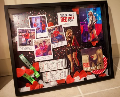 I put together a shadow box including photos, souvenirs, and memorabilia from the Taylor Swift concert... #TaylorSwift #REDTour #StaplesCenter Framed Autograph Ideas, Taylor Swift Concert Frame, Concert Memories Ideas, Concert Frame Ideas, Eras Tour Memorabilia, Concert Collage Ideas, Concert Shadow Box Ideas Kpop, Taylor Swift Concert Shadow Box Ideas, Taylor Swift Gift Box Idea