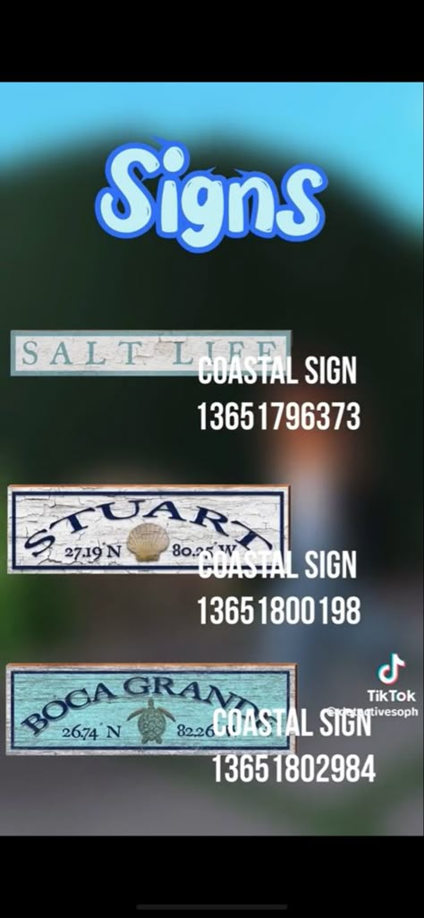 Bloxburg Beach House Sign Code, Bloxburg Beach Restaurant, Bathroom Signs Bloxburg Codes, Bloxburg Costal Codes Pictures, Beach Pictures Bloxburg Codes, Bloxburg Coastal Sign Decals, Bloxburg Shark Decal, The Summer I Turned Pretty Bloxburg Decals, Roblox Surfboard Code