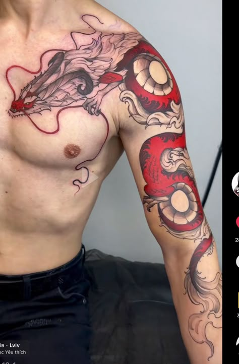 Dragon Tattoo Men Arm Japanese Sleeve, Masculine Dragon Tattoo, Traditional Japanese Dragon Sleeve, Oni Dragon Tattoo, Dragon Tattoos For Men Back, Traditional Chinese Dragon Tattoos, Red Japanese Dragon Tattoo, Blue Eyes White Dragon Tattoo, Red And Black Dragon Tattoo