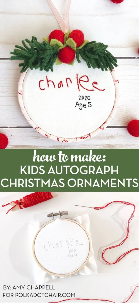 Turn your kids autograph and handwriting into a cute Christmas ornament with this hand embroidered name christmas ornament tutorial Thankful Sunday, Handwritten Christmas, Embroidered Christmas Ornaments, Kids Christmas Ornaments, Embroidered Christmas, Ornament Tutorial, Preschool Christmas, 12 December, Ornament Ideas