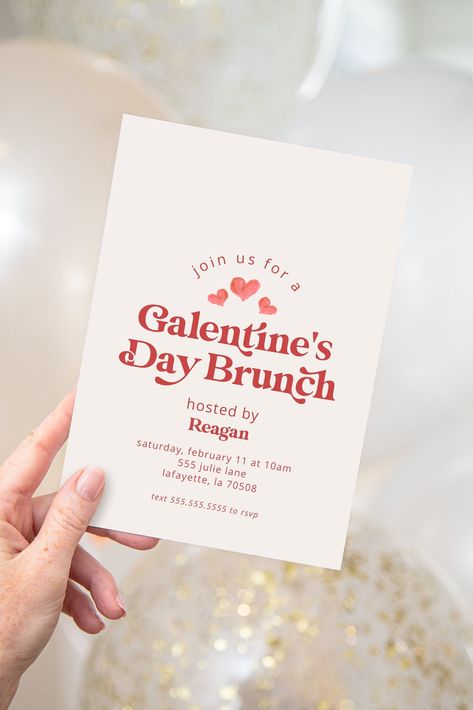 Retro Galentine's Day Brunch Invitations | Simple Valentine Party Invites | Printable Instant Download D E M O  Demo this item now! Copy and paste the URL below to demo: https://www.corjl.com/d/92665 P E R S O N A L I Z E 1. After purchasing, you will receive an email from Corjl with a link to access and edit your item. You can also go directly to Corjl.com and use your order info to login and access your purchased items. 2. Personalize your items, then save or approve the proofs. 3. Download yo Valentine Party Invitations, Galentines Day Ideas, Valentines Brunch, Valentine Invitations, Valentinstag Party, Galentines Party, Valentine Party, Brunch Invitations, Simple Invitation