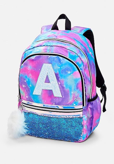 Initial Galaxy Backpack | Justice Justice Bags, Justice Backpacks, Cute Backpacks For School, Galaxy Backpack, Girl School Supplies, Justice Accessories, Trendy Purses, The Letter A, Western Purses