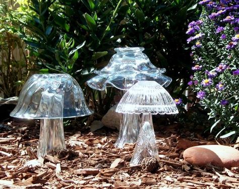 I must have some older dishes that would create toad stools! Garden Mushrooms, Faeries Gardens, Glass Garden Art, Glass Mushrooms, Moon Garden, Fairy Garden Ideas, Glass Garden, Yard And Garden, Glass Flowers