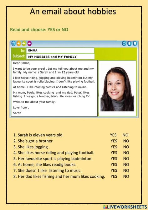 An email about hobbies interactive worksheet Hobbies Worksheet English, Reading Paragraph, English Primary School, Esl Reading Comprehension, English Teaching Materials, English For Beginners, English Worksheets For Kids, Reading Practice, Middle School English