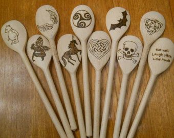 Wooden Utensils Set, Wood Burn Spoons, Witchy Kitchen, Burning Wood, Teapot Design, Spoon Collection, Wood Burning Crafts, Wood Burning Patterns, Cooking Spoon