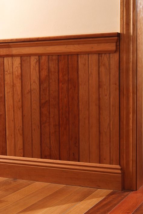 American Cherry 5" wainscote with 3 1/2" chair rail and 5 1/2" double ripple baseboard all with a clear coat finish. Wooden Panel Wall, Wall Design Home, Wood Wainscoting, Wall Decorating Ideas, Decorating Ideas For Living Room, Wooden Panelling, Wainscoting Panels, Blue Chairs Living Room, Bg Design