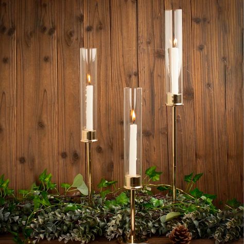 Stylish Modern Gold Metal Glass Hurricane Candlestick Holders- Set of 3 Gold Candle Holder Centerpieces, Tudor Wedding, Centerpiece With Candles, Glass Taper Candle Holders, Candle Stands, 2 Candle, Candle Wedding Centerpieces, Small Candle Holders, Candle Shades